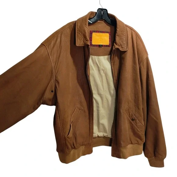 Timberland Brown Leather Bomber Jacket Coat Rugged Classic Mens